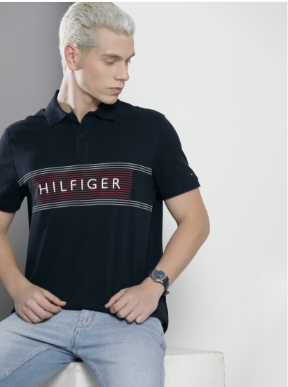Tommy Hilfiger Camiseta de algodón puro con cuello polo y logotipo de marca bordado